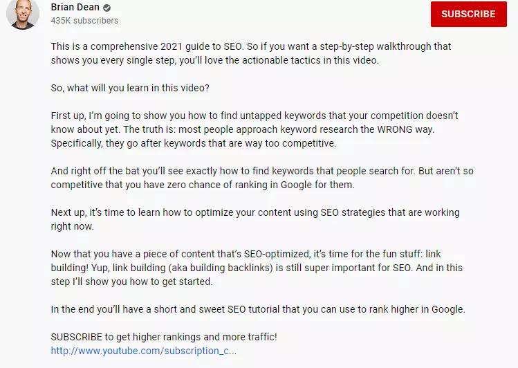 YouTube video description CTA